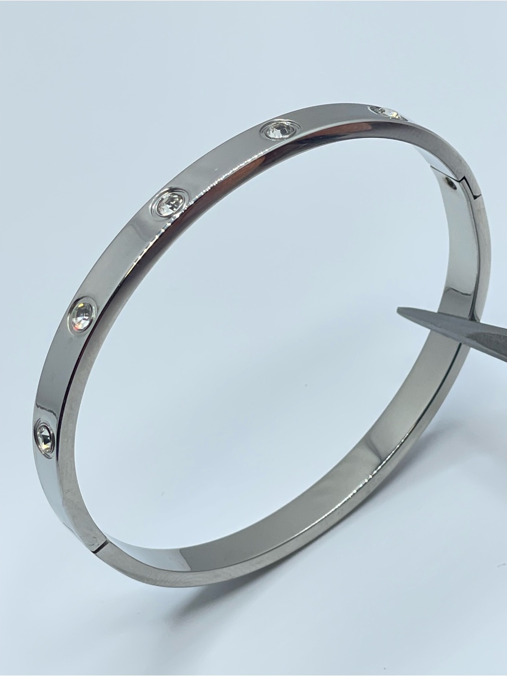 Silver White Crystal Hinged Bangle Bracelet Designer Inspired Modern Chic